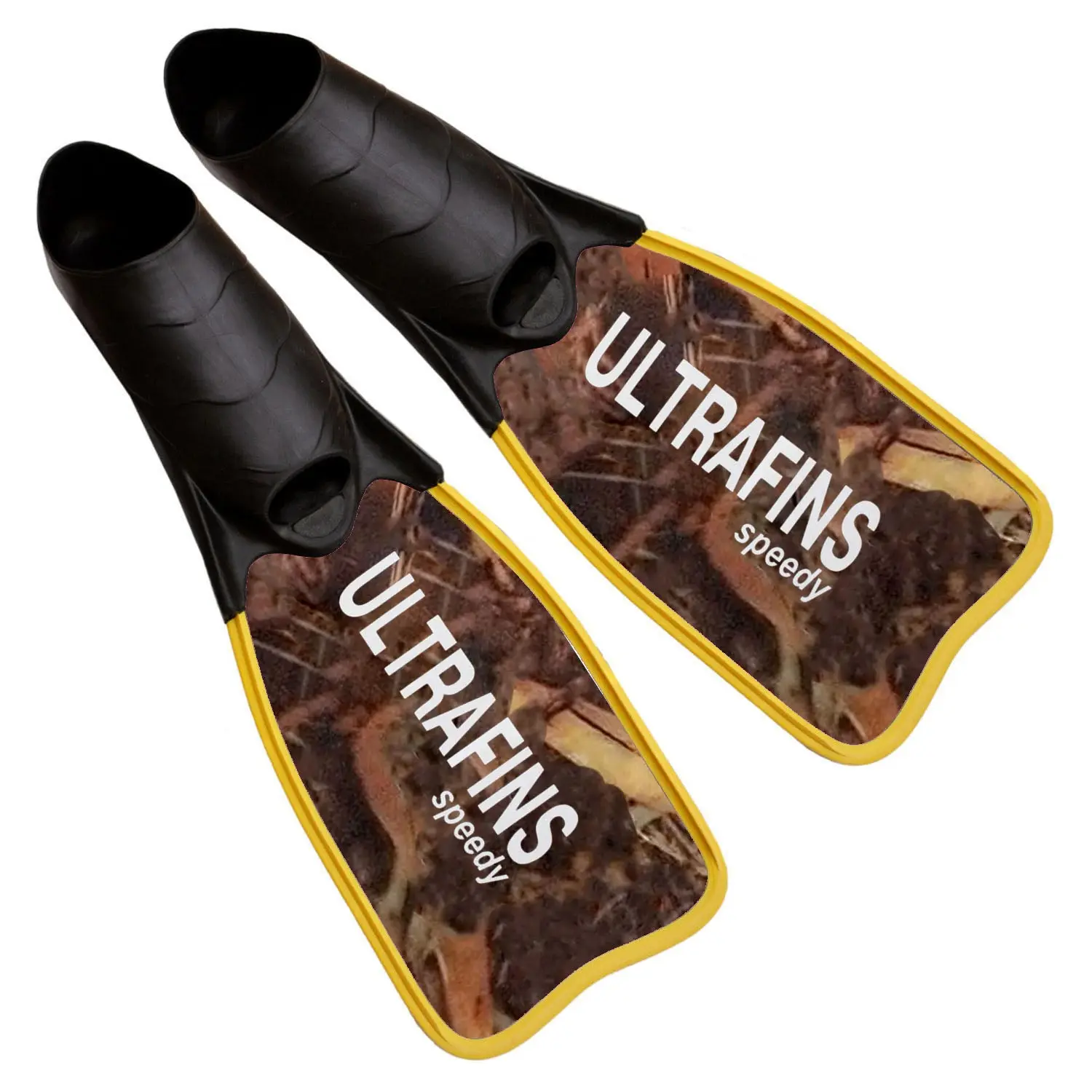 Ultrafins Speedy Fiberglass Camo fins featuring 25-degree angled short blades and Vector footpockets for competitive underwater sports.