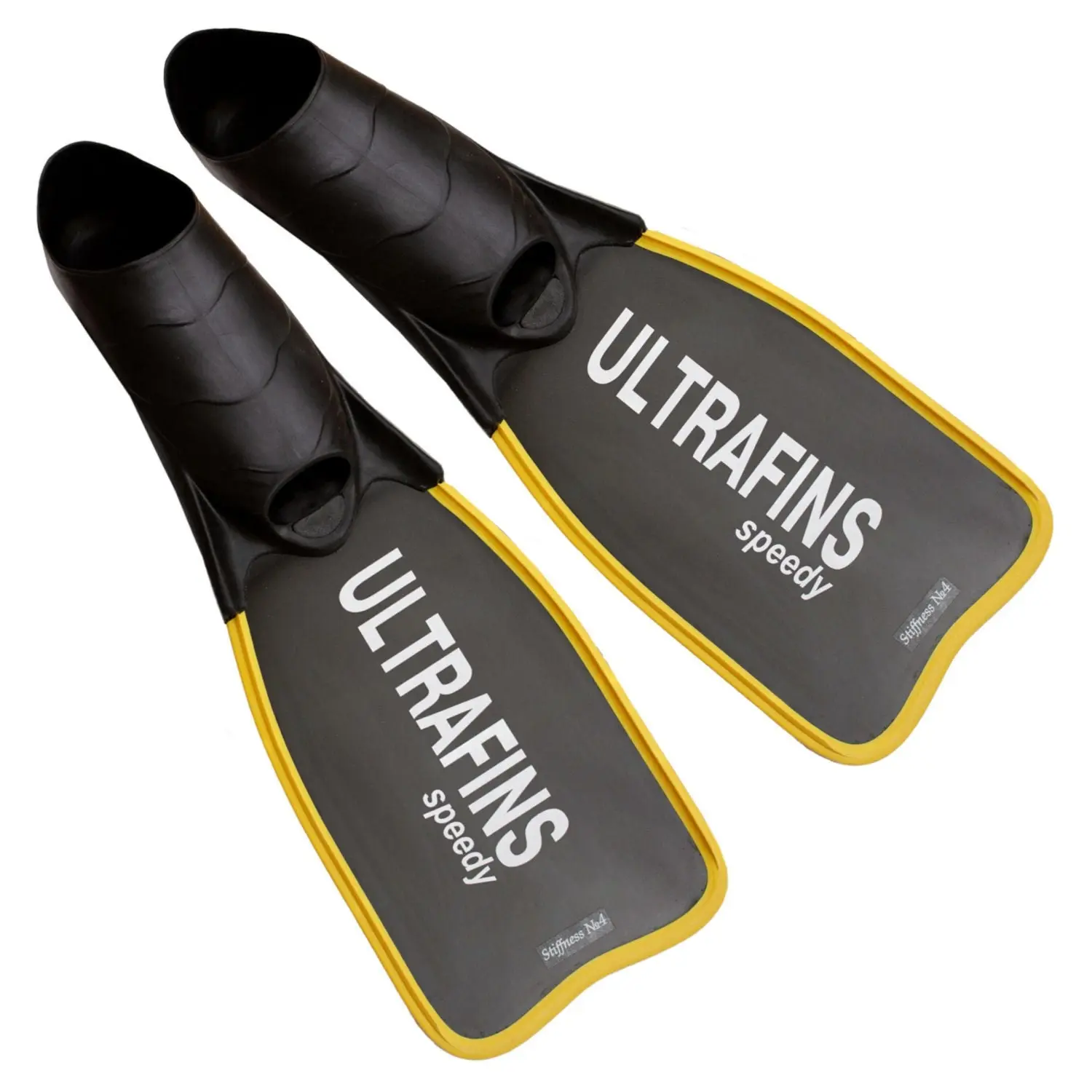 Ultrafins Speedy Fiberglass Black fins with 25-degree angled short blades for underwater hockey and freediving performance.