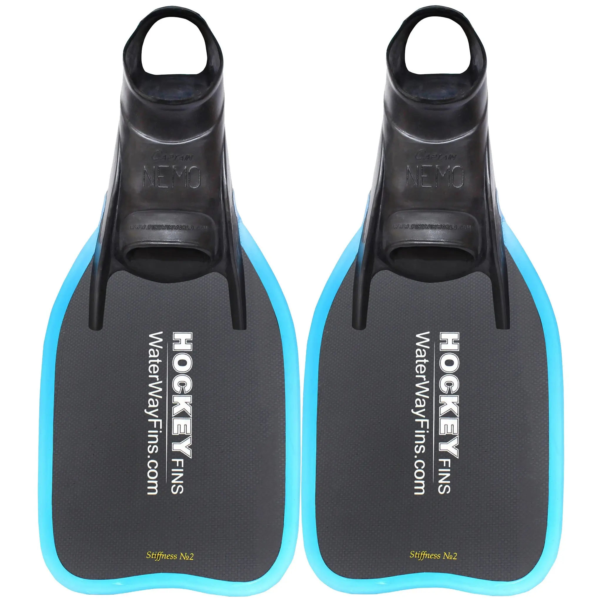 WaterWay Hockey Nemo 2.0 Carbon fins featuring wide-head carbon blades and open-heel footpockets for underwater hockey.